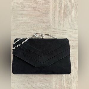 Dasein Black Faux Suede Clutch Bag with Chain Strap